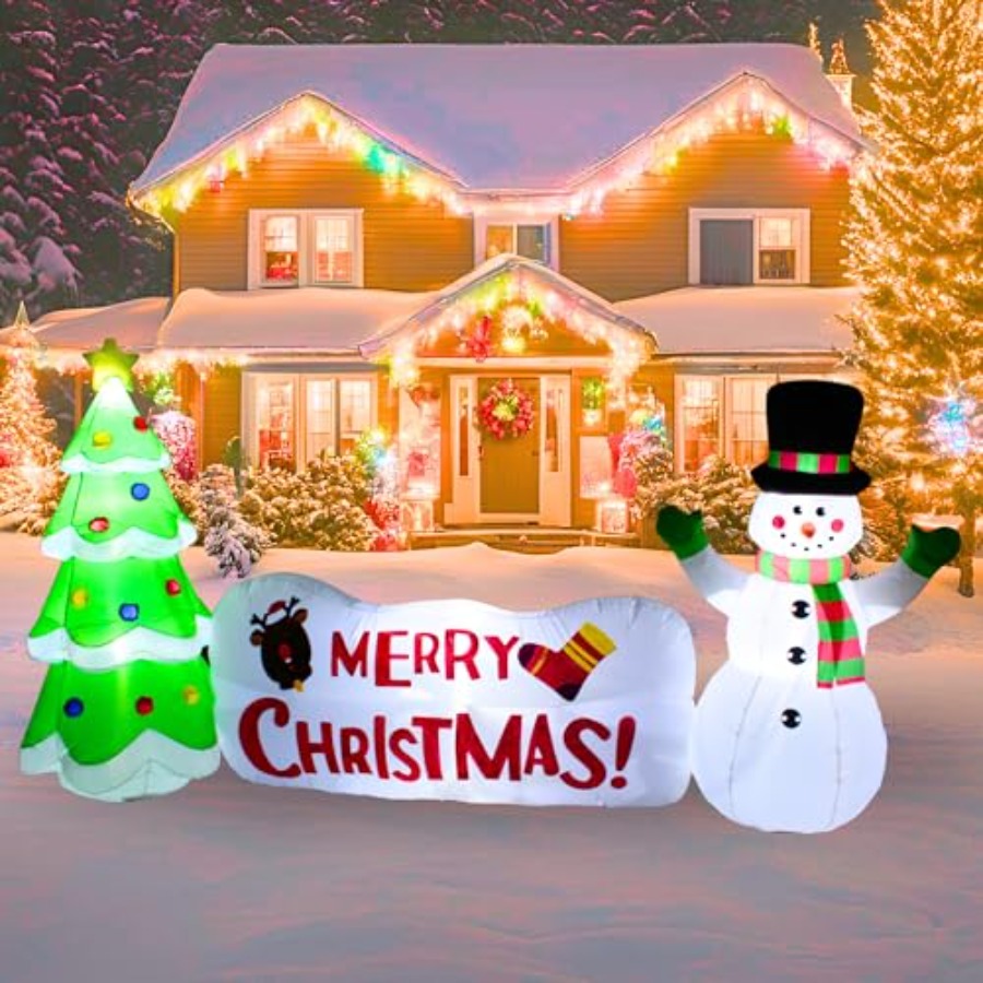 Lighting Tree Decor - 10FT Inflatable Snowman with Tree and